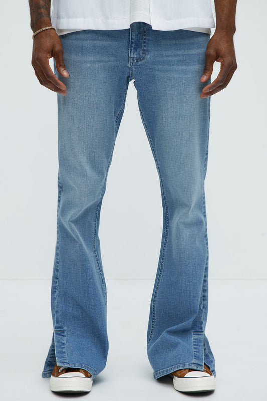 Upstanding Slit Stacked Slim Flare Jeans - Light Blue Wash Fashion Nova