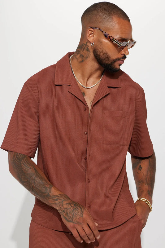 Show Up Short Sleeve Cuban Shirt - Chocolate Fashion Nova