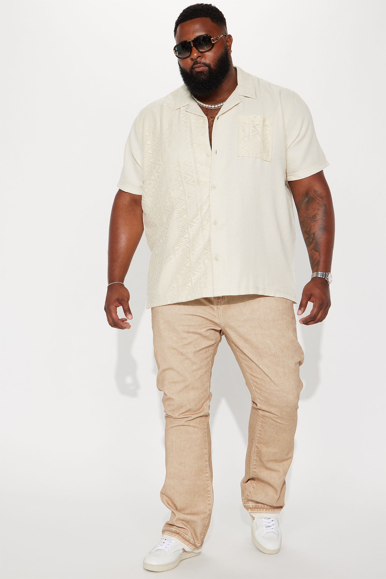 Half Crochet Pattern Short Sleeve Button Up Shirt - Cream Fashion Nova