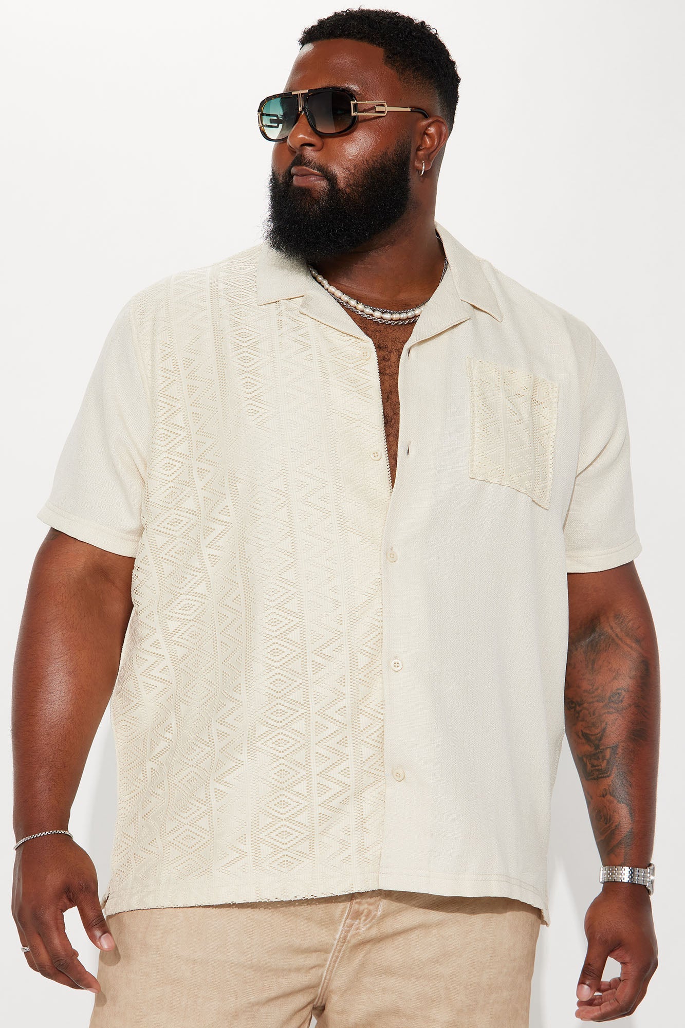 Half Crochet Pattern Short Sleeve Button Up Shirt - Cream Fashion Nova