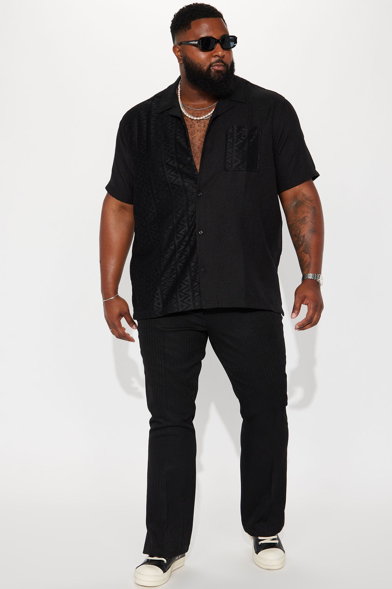 Half Crochet Pattern Short Sleeve Button Up Shirt - Black Fashion Nova