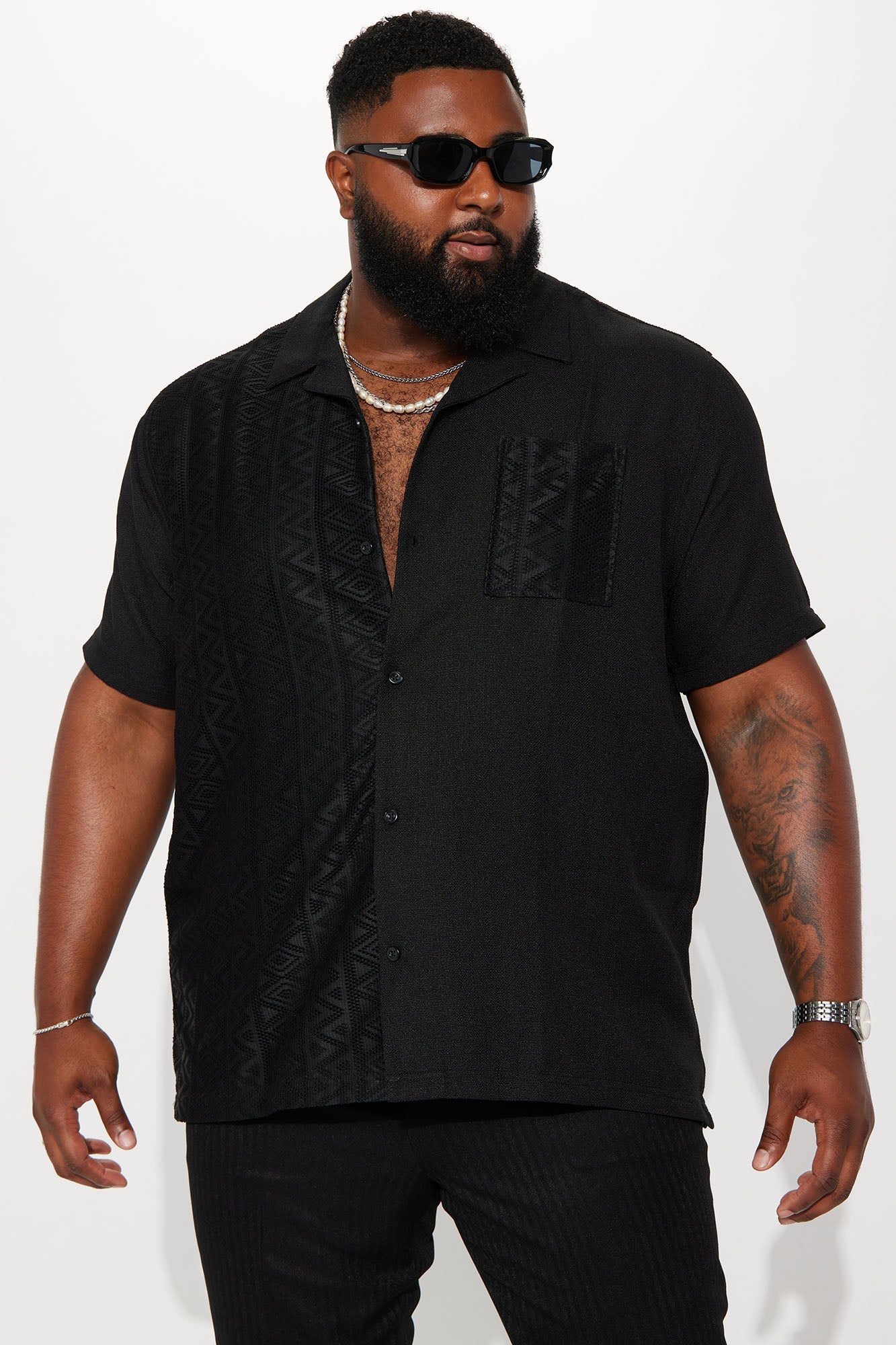 Half Crochet Pattern Short Sleeve Button Up Shirt - Black Fashion Nova