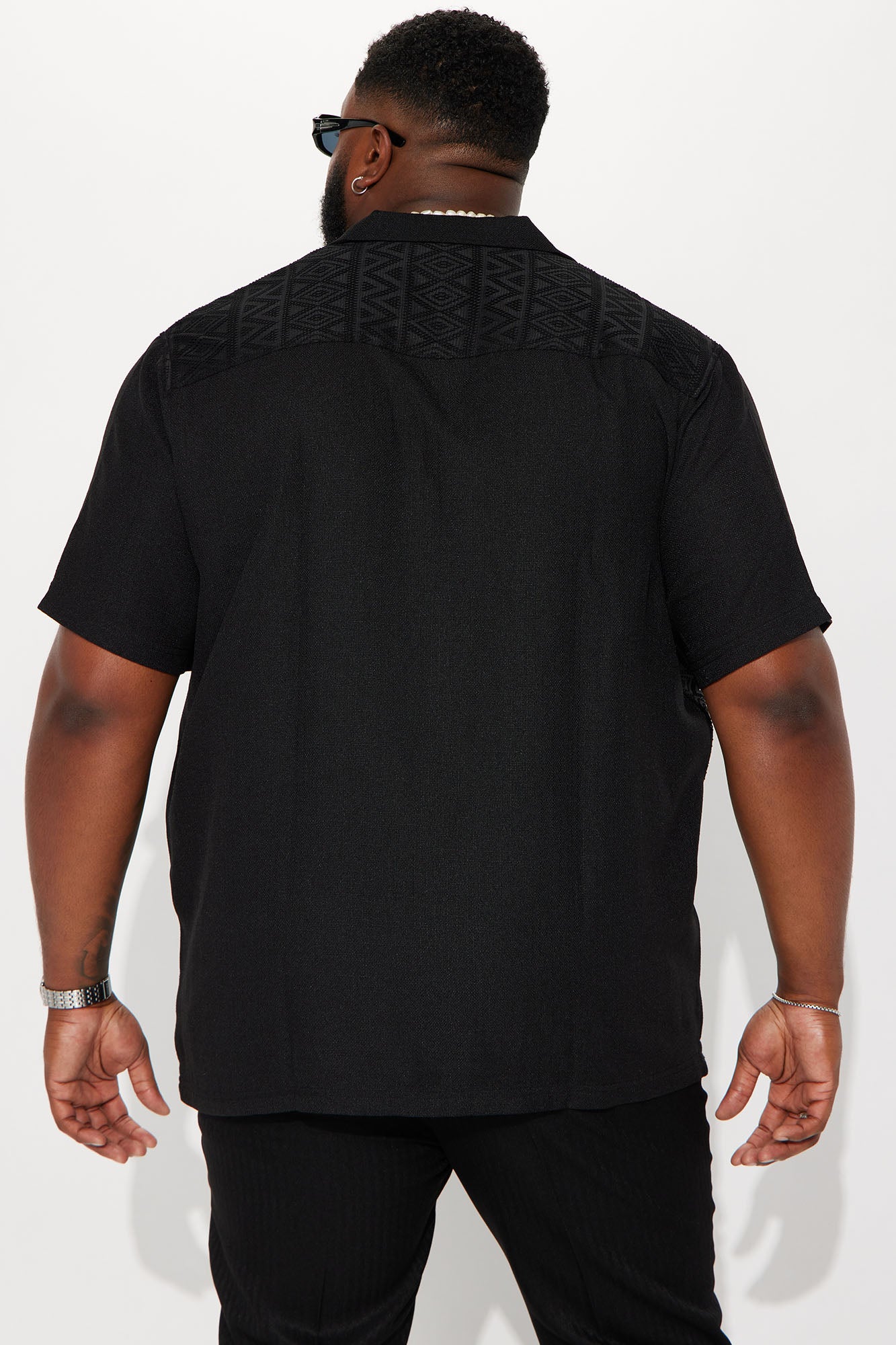 Half Crochet Pattern Short Sleeve Button Up Shirt - Black Fashion Nova