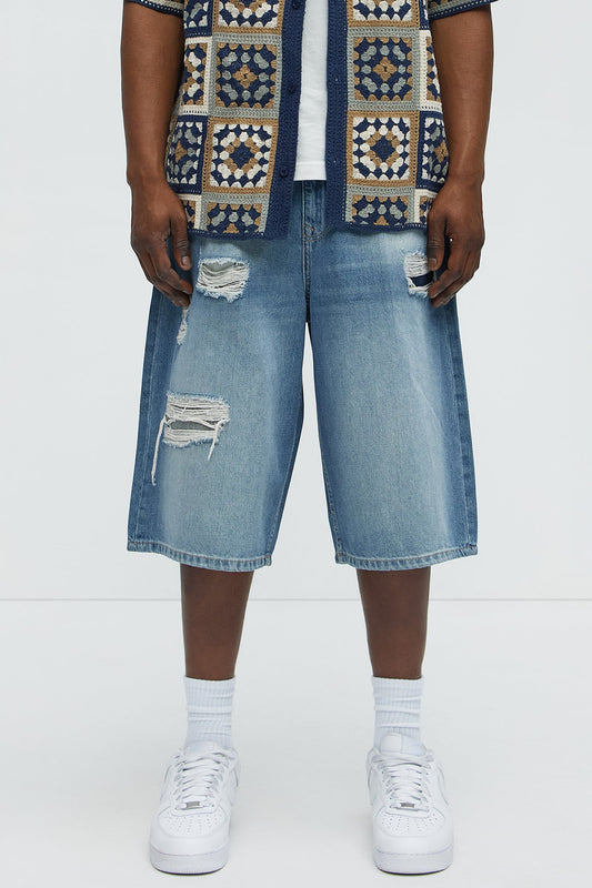 Say It Distressed Baggy Denim Shorts - Medium Blue Wash Fashion Nova