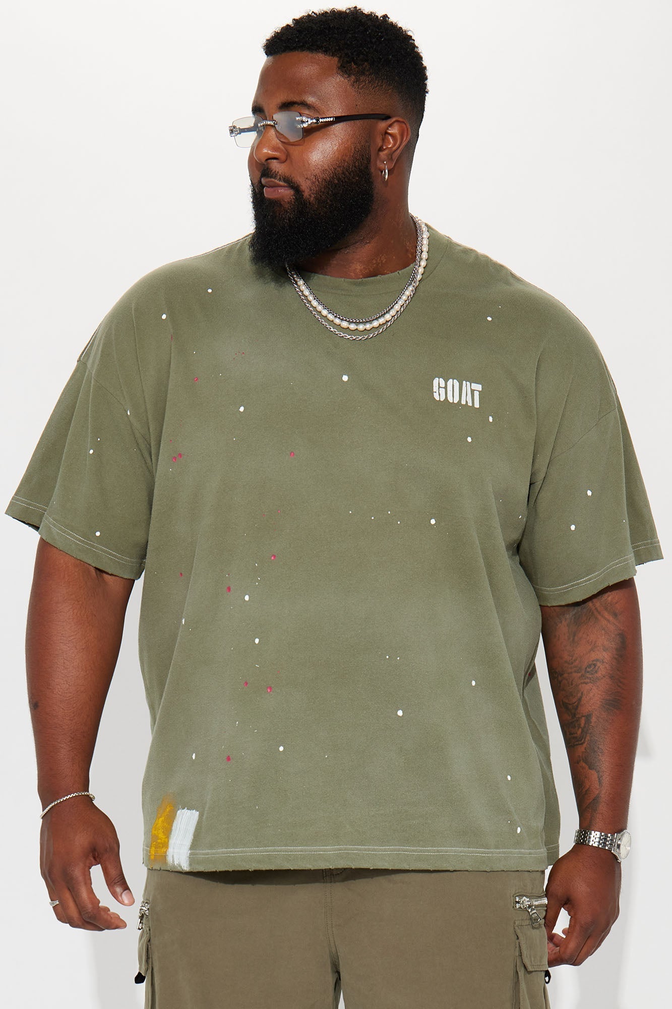 GOAT Paint Splatter Oversized Short Sleeve Tee - Olive Fashion Nova