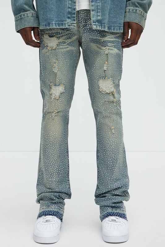 Stacked Skinny Flare On My Bling Distressed Jeans - Medium Blue Wash Fashion Nova
