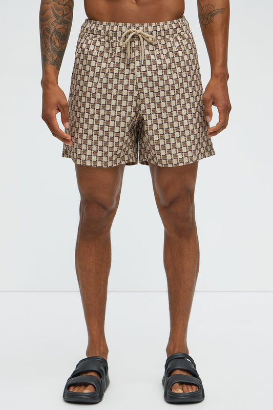 Weave Printed Swim Mid Trunk - Brown Combo Fashion Nova