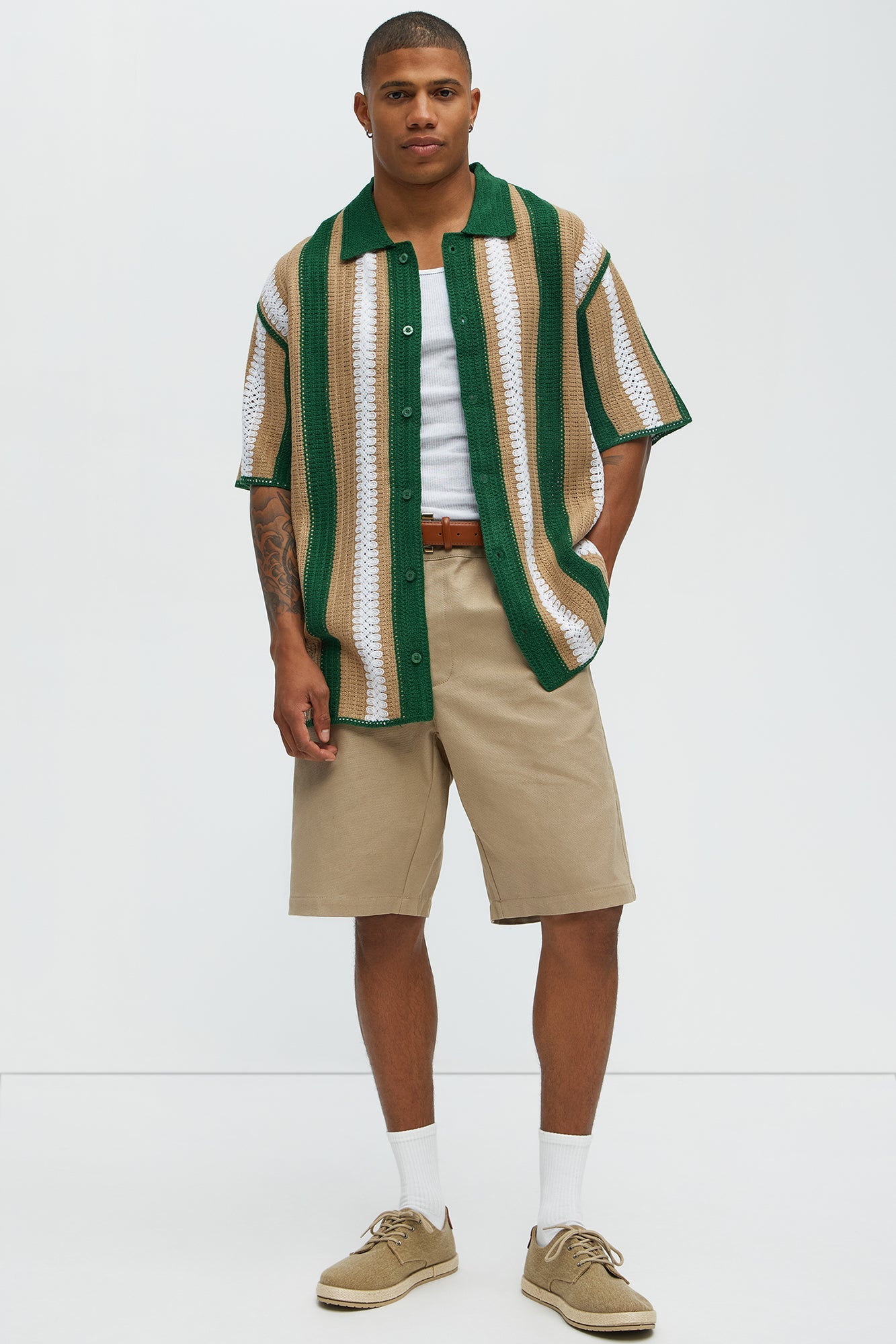 Brock Striped Crochet Collar Button Down Shirt - Green/combo Fashion Nova