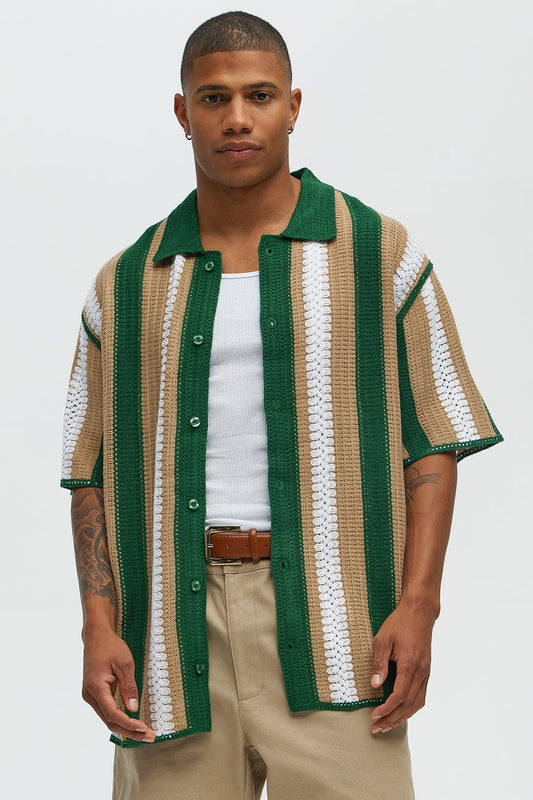 Brock Striped Crochet Collar Button Down Shirt - Green/combo Fashion Nova