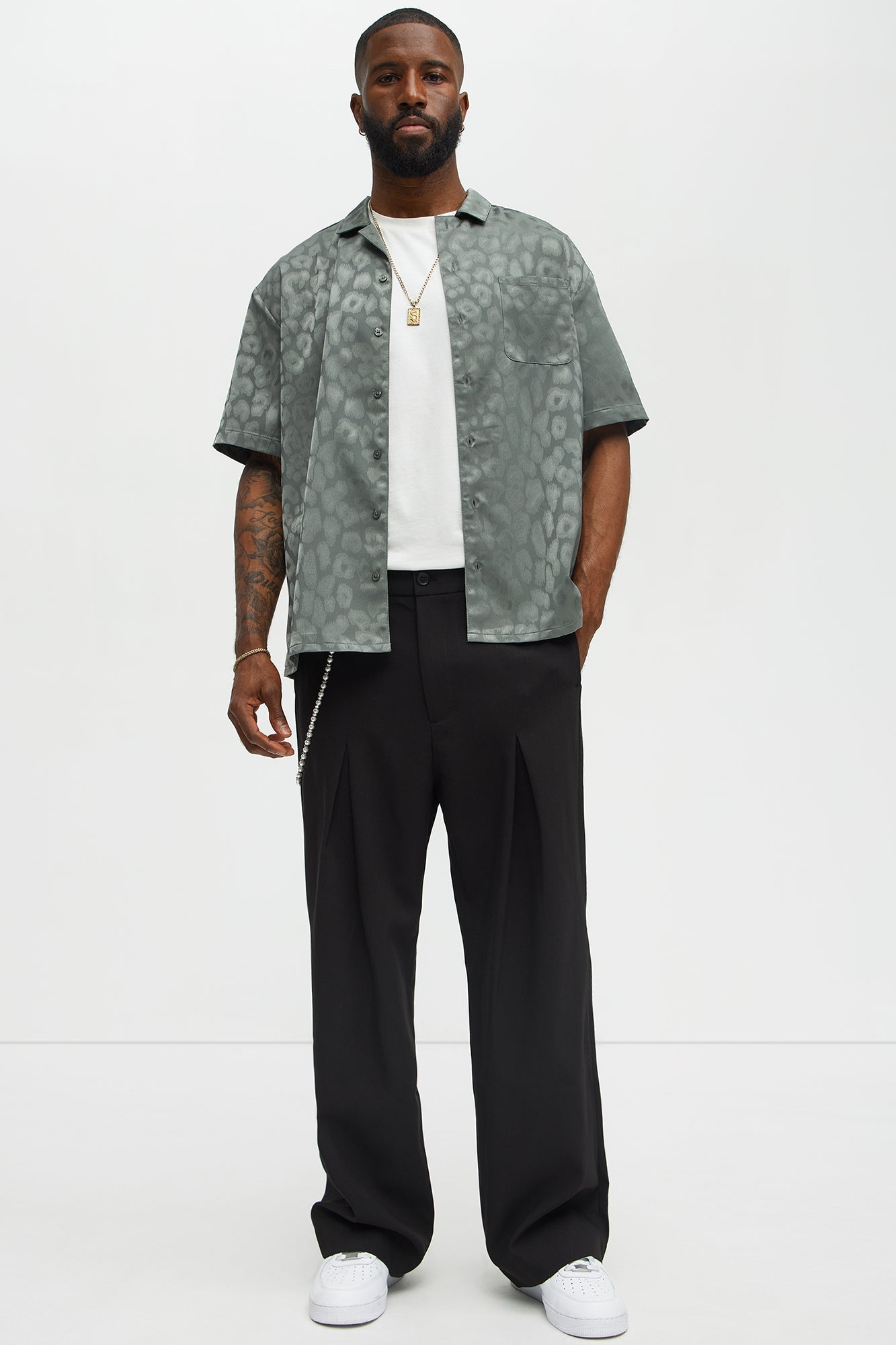 Satin Leopard Button Up Shirt - Grey Fashion Nova