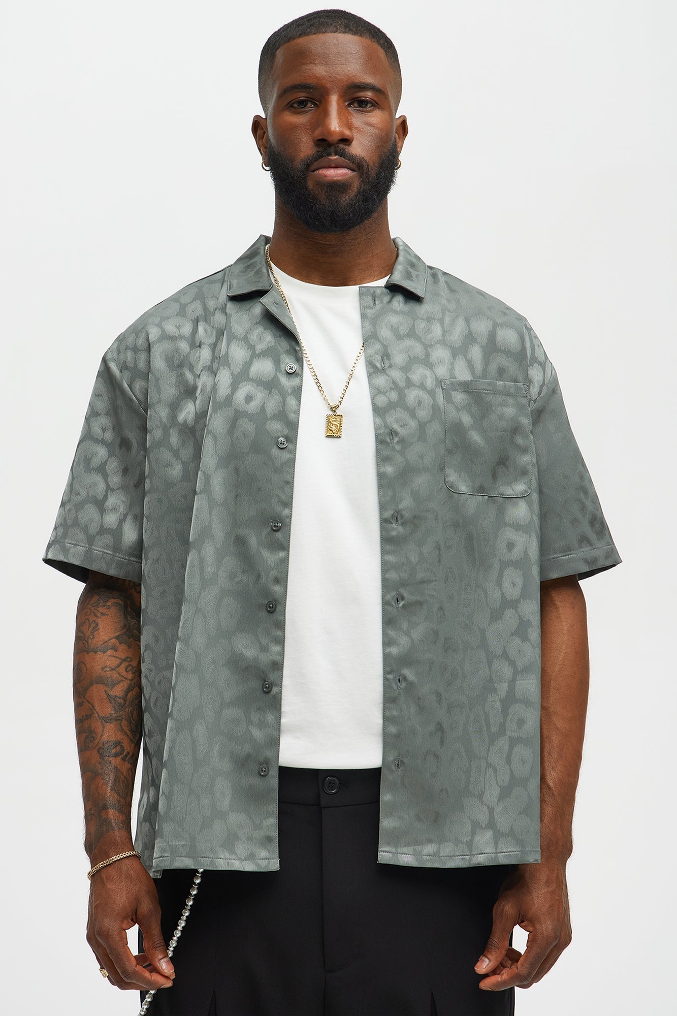 Satin Leopard Button Up Shirt - Grey Fashion Nova