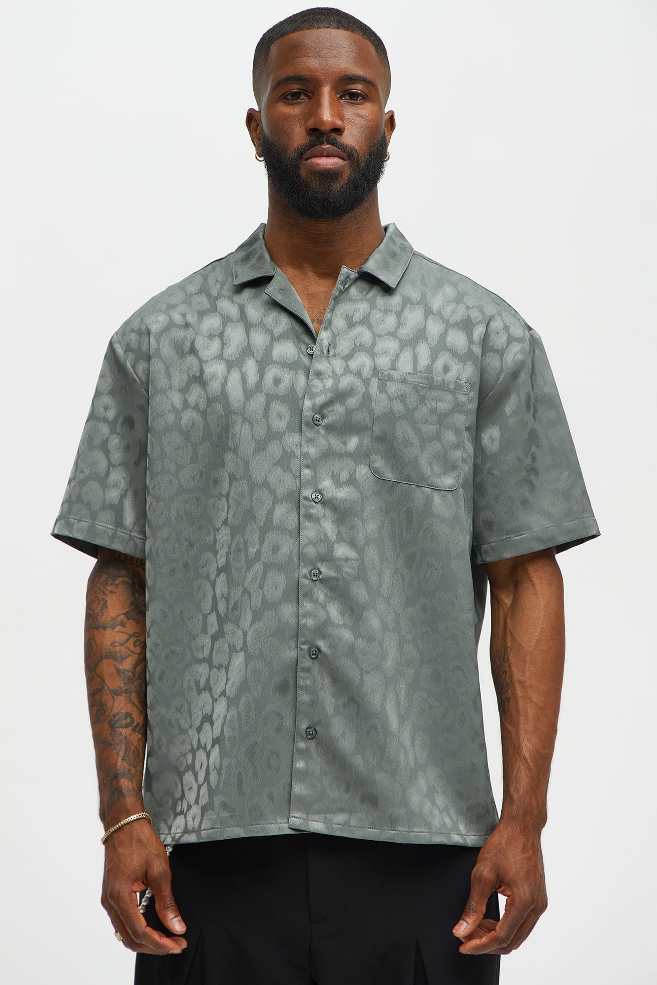 Satin Leopard Button Up Shirt - Grey Fashion Nova