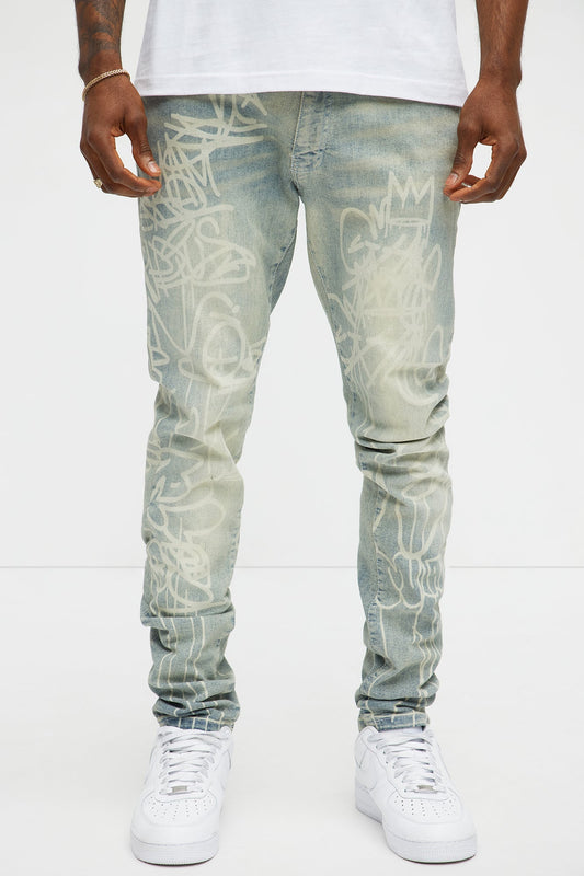 Graffiti Art Stacked Skinny Jeans - Light Wash Fashion Nova