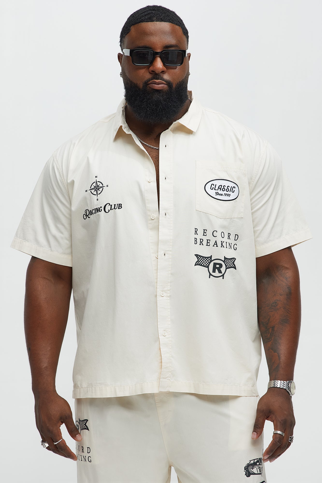 Racing Club Short Sleeve Button Up Shirt - Cream Fashion Nova
