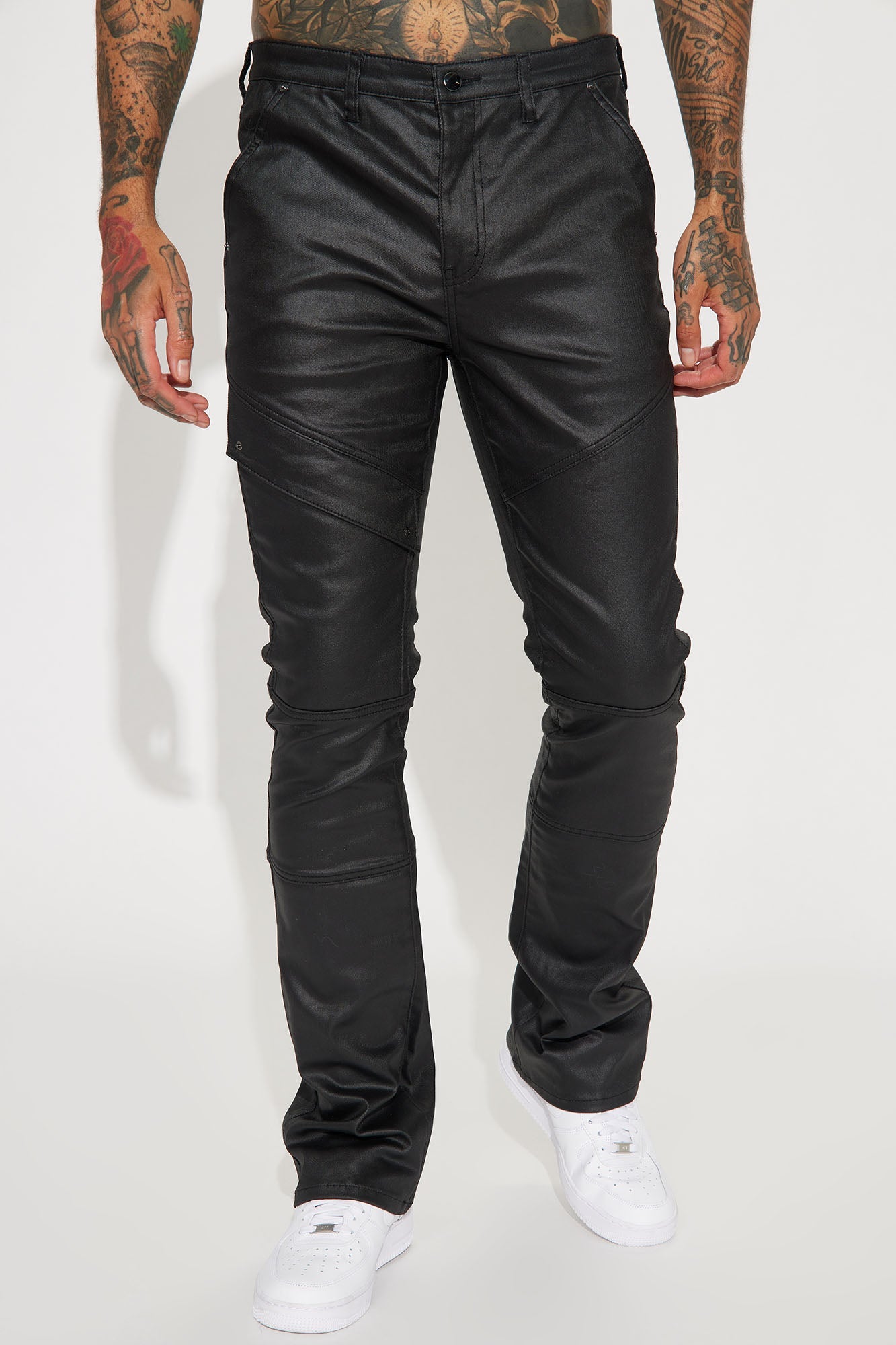 Beg For Me Coated Stacked Skinny Flare Pants - Black Fashion Nova