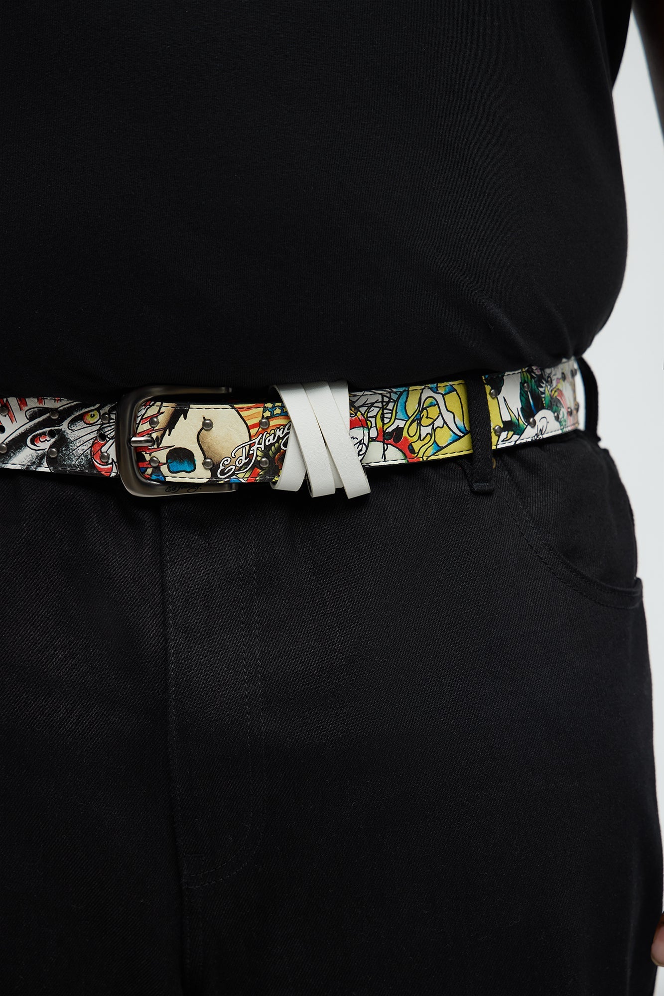 Ed Hardy Hammered Stud Belt - White/combo Fashion Nova