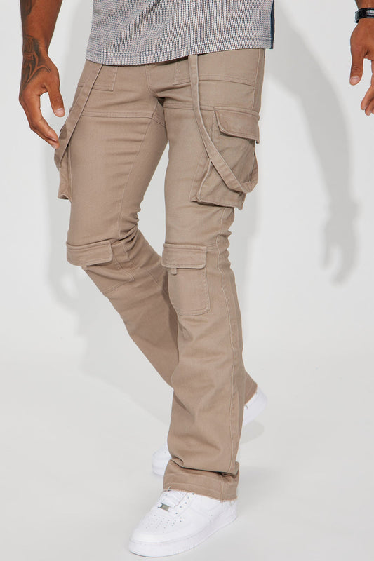 Strapped In Cargo Stacked Skinny Flare Jeans - Taupe Fashion Nova
