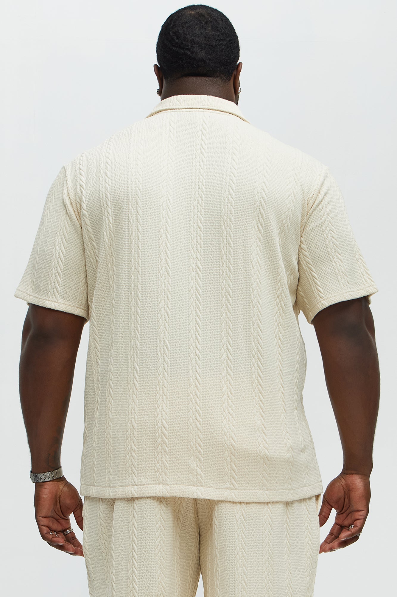 Textured Stripes Cuban Short Sleeve Button Up Shirt - Cream Fashion Nova