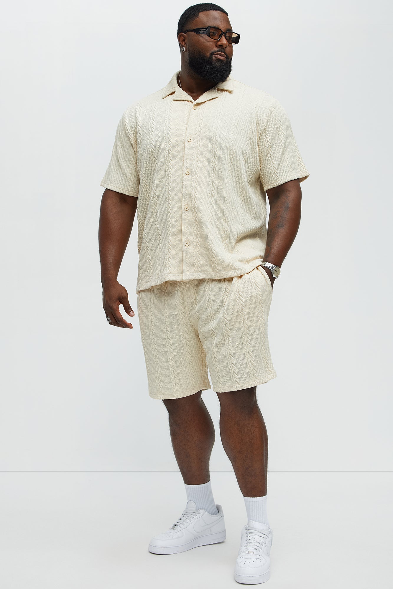 Textured Stripes Relaxed Drawstring Shorts - Cream Fashion Nova