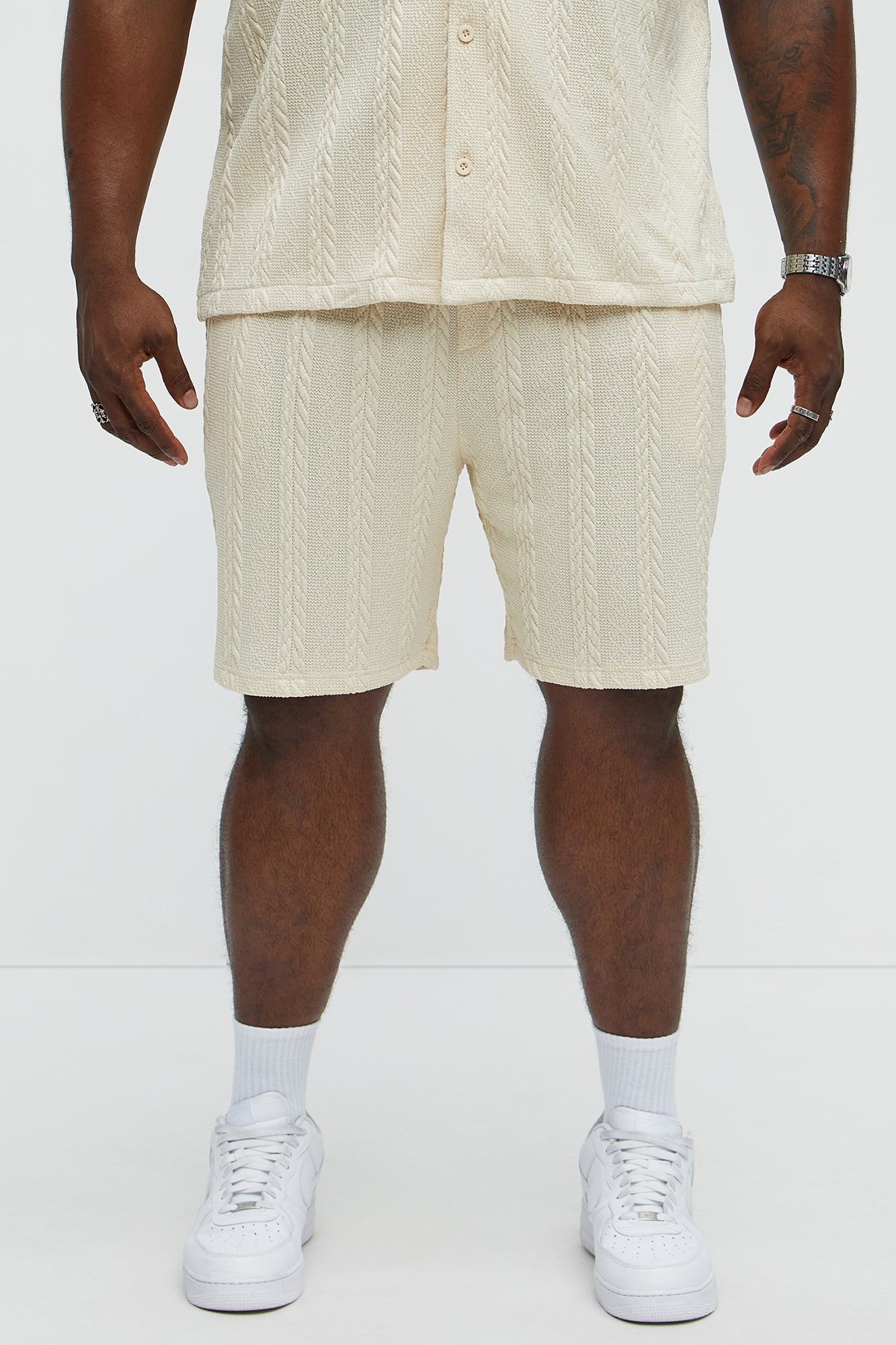 Textured Stripes Relaxed Drawstring Shorts - Cream Fashion Nova