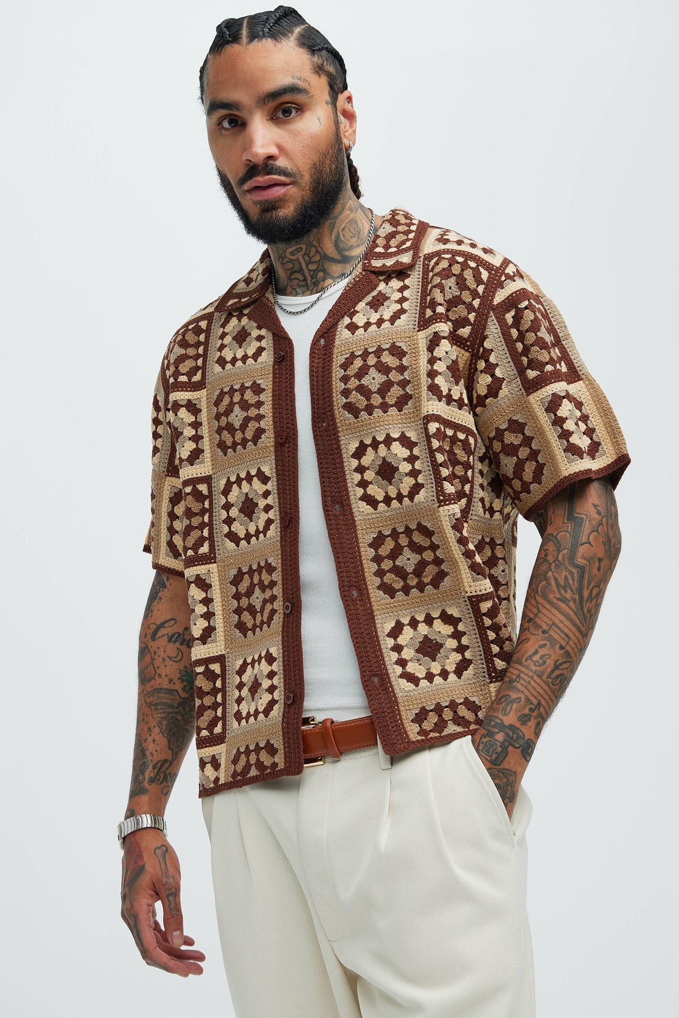 Nolan Textured Shirt - Brown/combo Fashion Nova