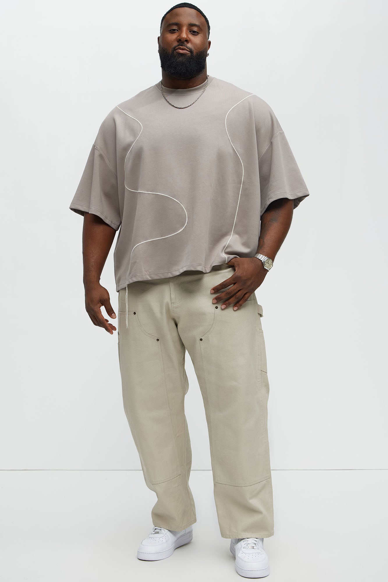 Vertical Wavy Contrast Stitch Boxy Cropped Tee - Taupe Fashion Nova