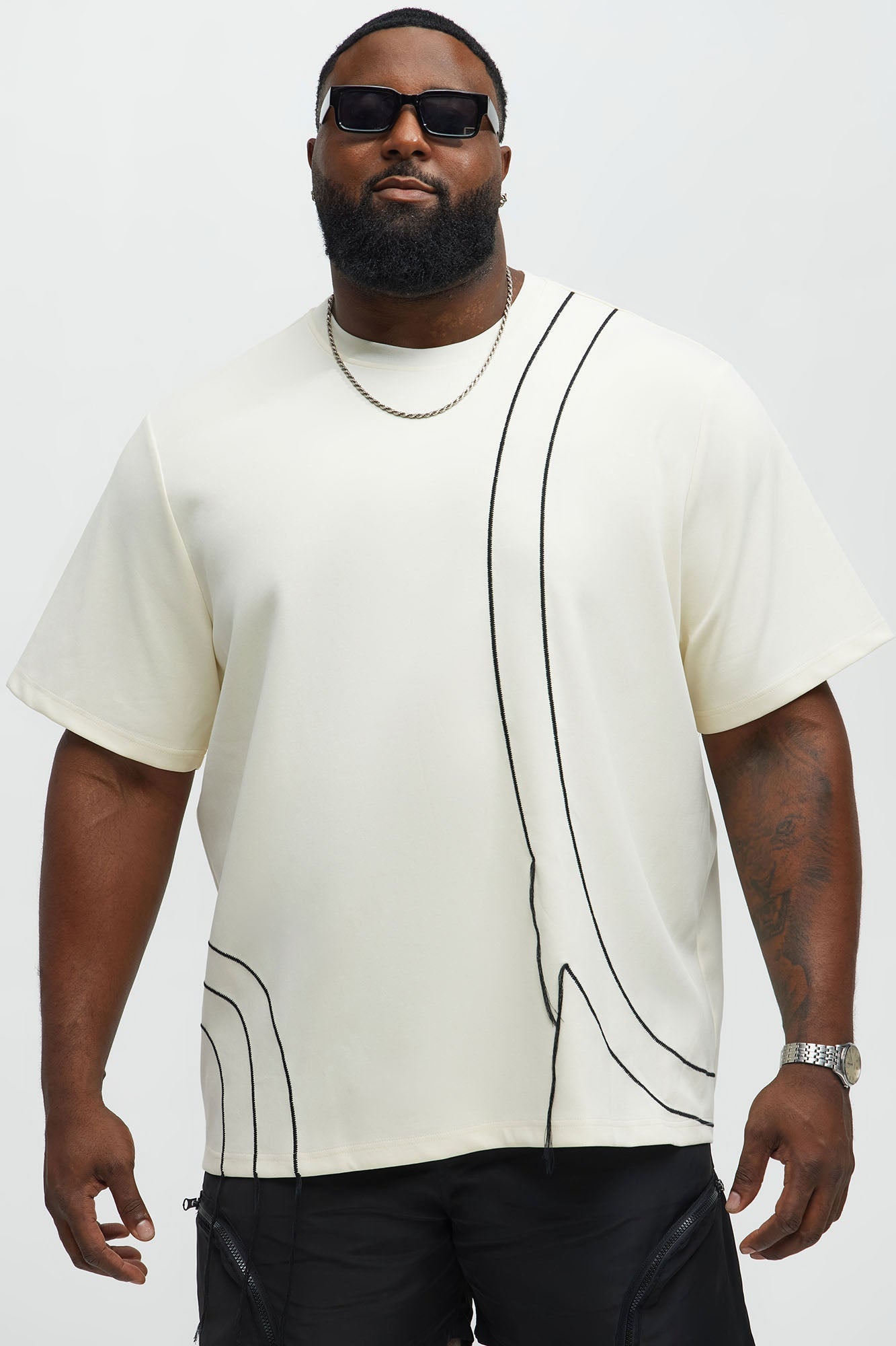 Circular Contrast Stitch Oversized Tee - Cream Fashion Nova