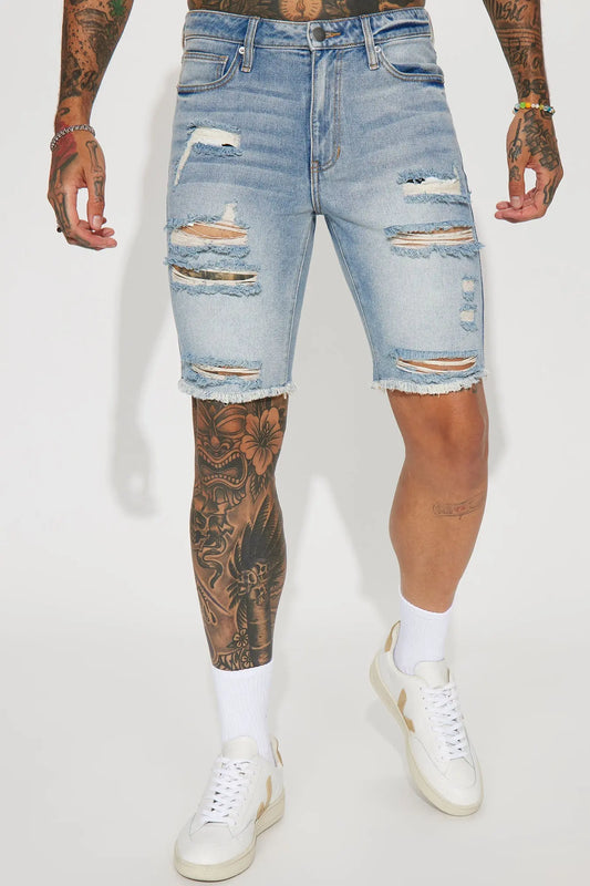 Back To It Distressed Raw Hem Slim Denim Shorts - Light Wash Fashion Nova