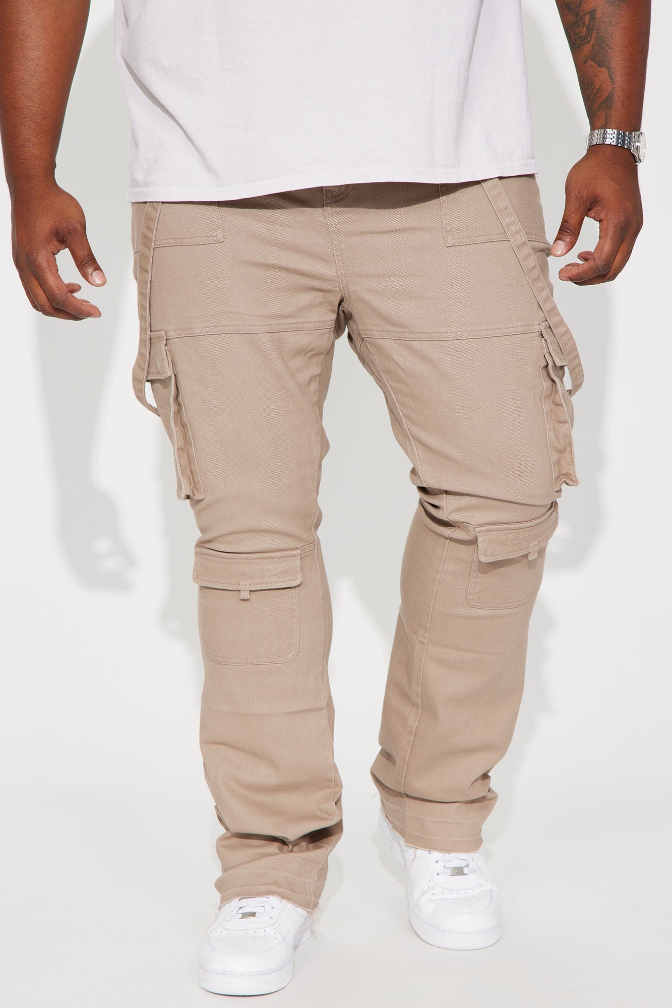 Strapped In Cargo Stacked Skinny Flare Jeans - Taupe Fashion Nova