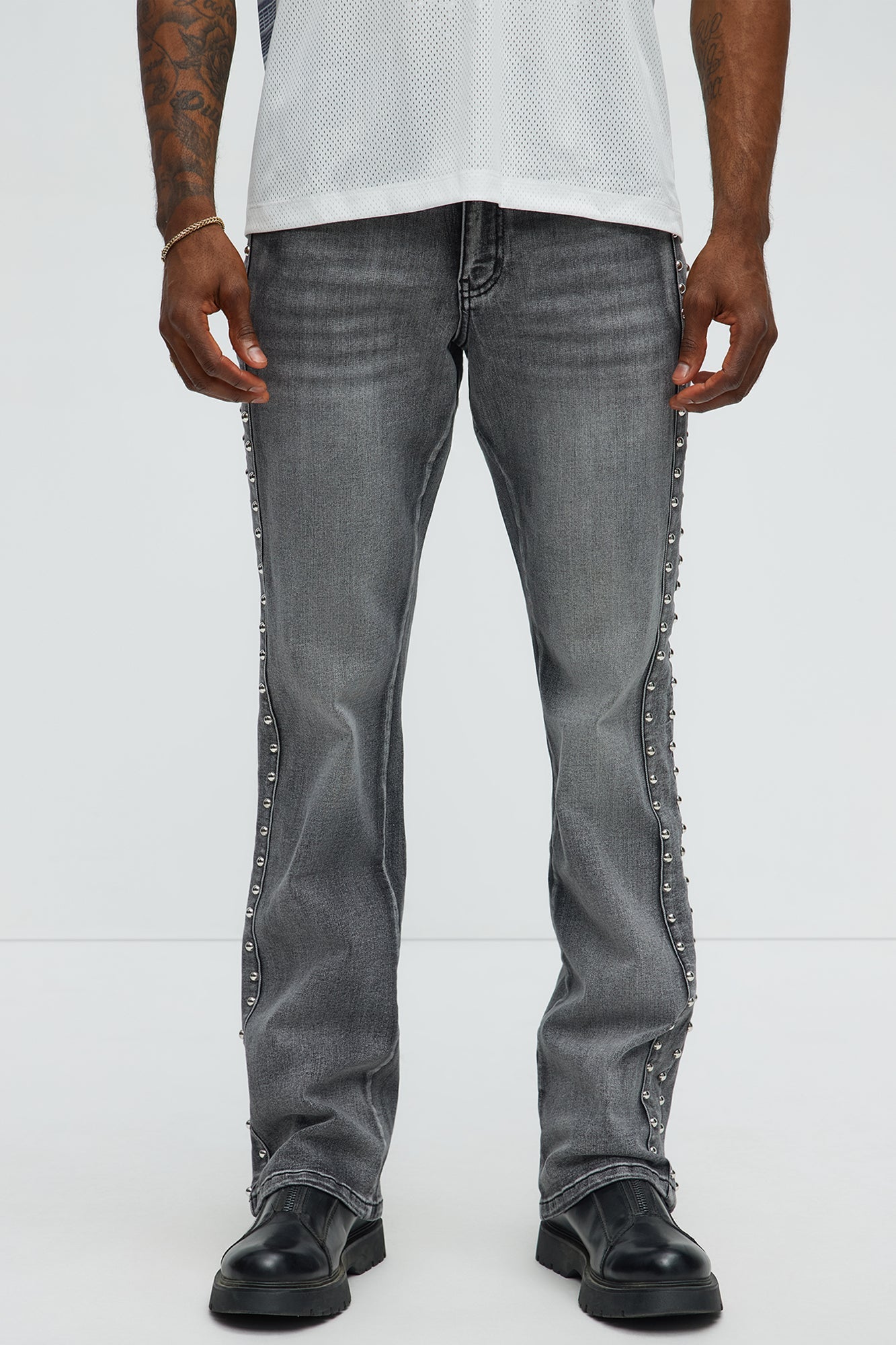 Stacked Slim Flare Stud On The Side Jeans - Black Wash Fashion Nova