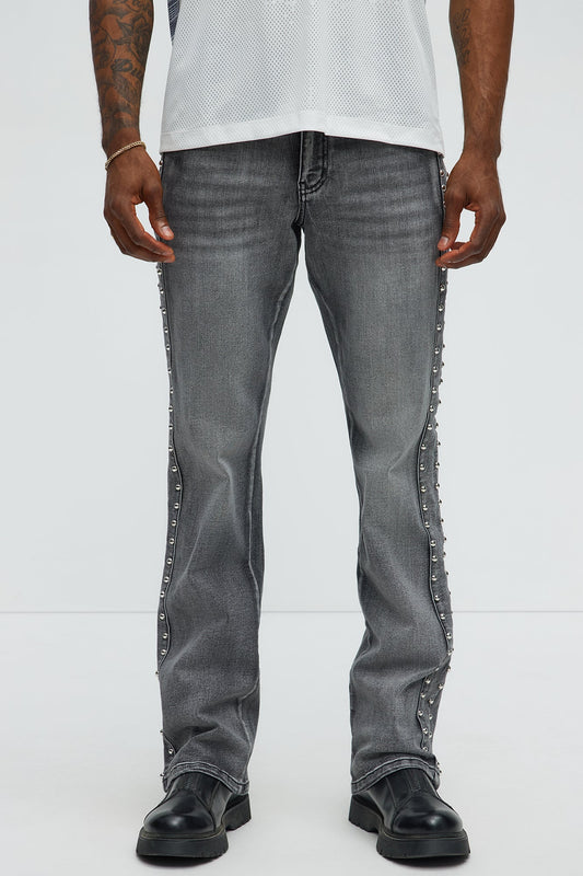 Stacked Slim Flare Stud On The Side Jeans - Black Wash Fashion Nova