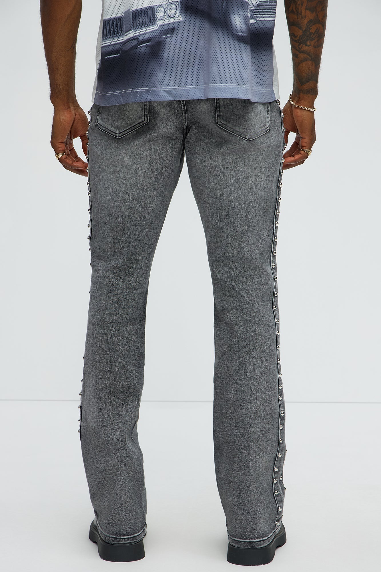Stacked Slim Flare Stud On The Side Jeans - Black Wash Fashion Nova