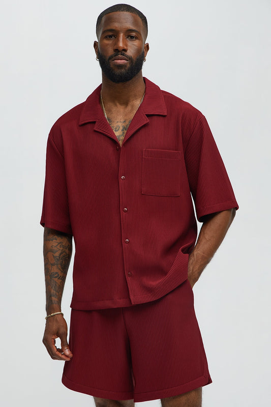 Show Up Short Sleeve Cuban Shirt - Burgundy Fashion Nova