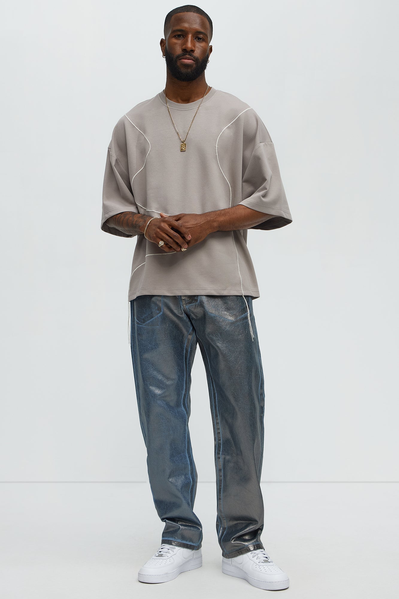Vertical Wavy Contrast Stitch Boxy Cropped Tee - Taupe Fashion Nova