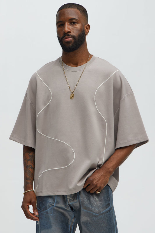 Vertical Wavy Contrast Stitch Boxy Cropped Tee - Taupe Fashion Nova