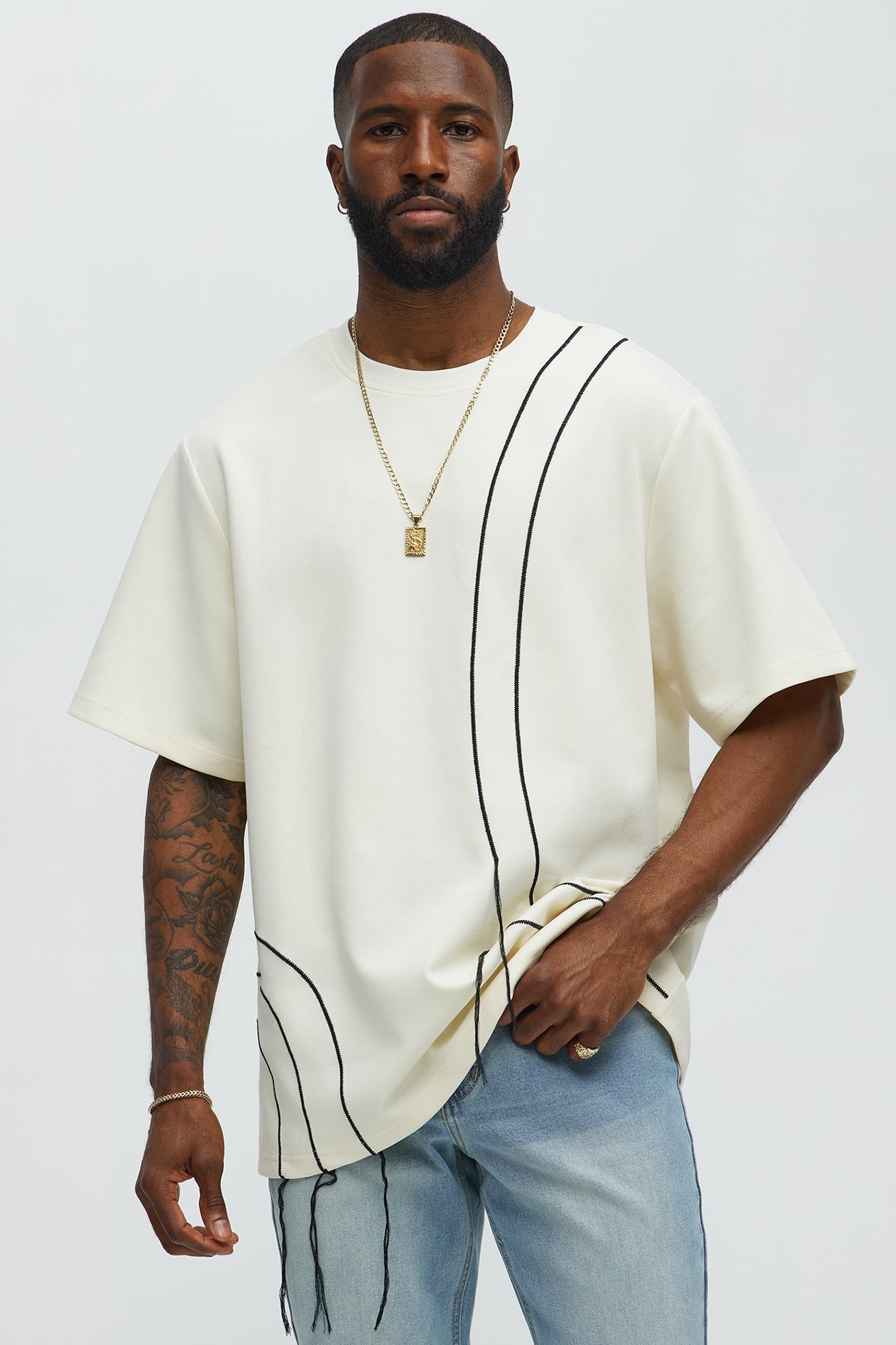 Circular Contrast Stitch Oversized Tee - Cream Fashion Nova