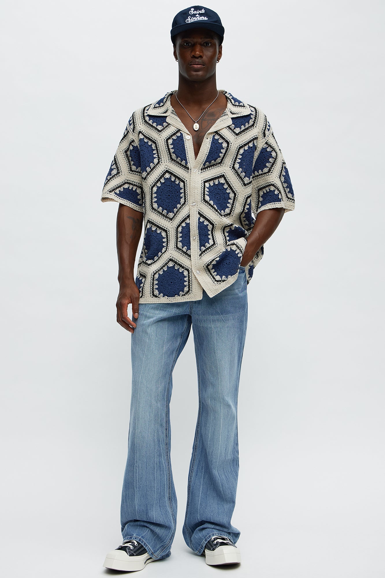 Vacay Vibes Crochet Button Up Shirt - Navy/combo Fashion Nova