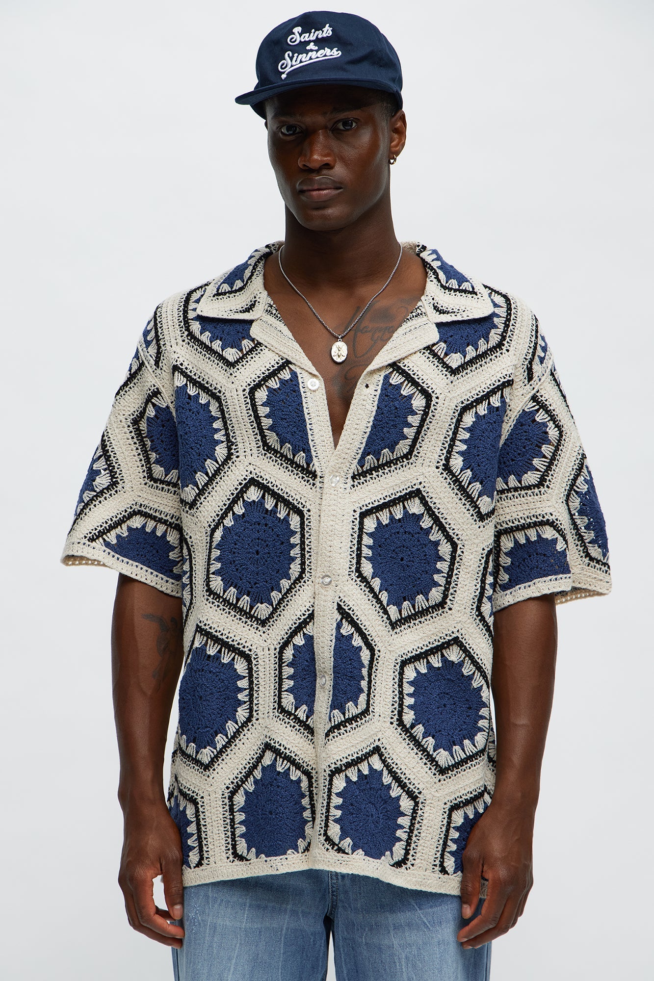 Vacay Vibes Crochet Button Up Shirt - Navy/combo Fashion Nova