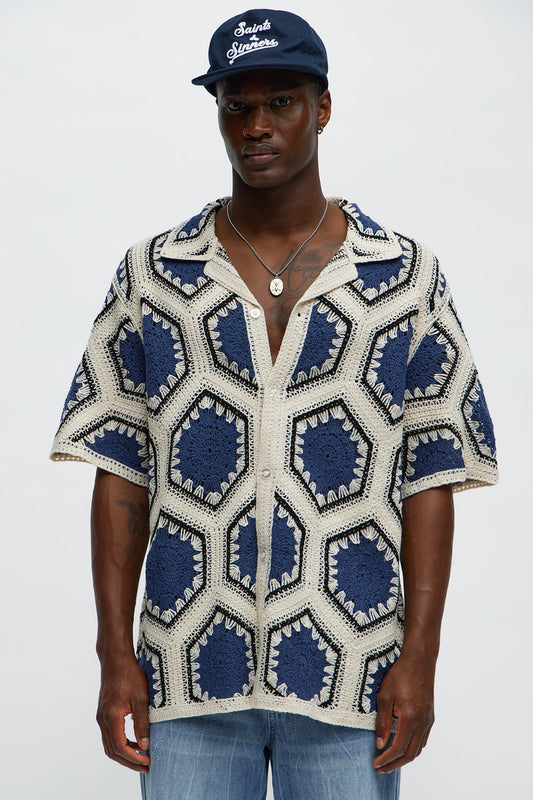 Vacay Vibes Crochet Button Up Shirt - Navy/combo Fashion Nova