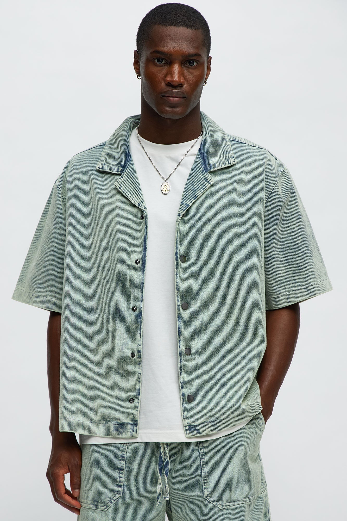 Ohio Corduroy Cuban Collar Cropped Short Sleeve Shirt - Blue/combo Fashion Nova