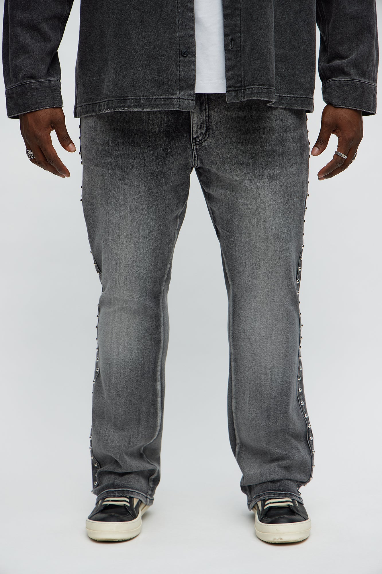 Stacked Slim Flare Stud On The Side Jeans - Black Wash Fashion Nova
