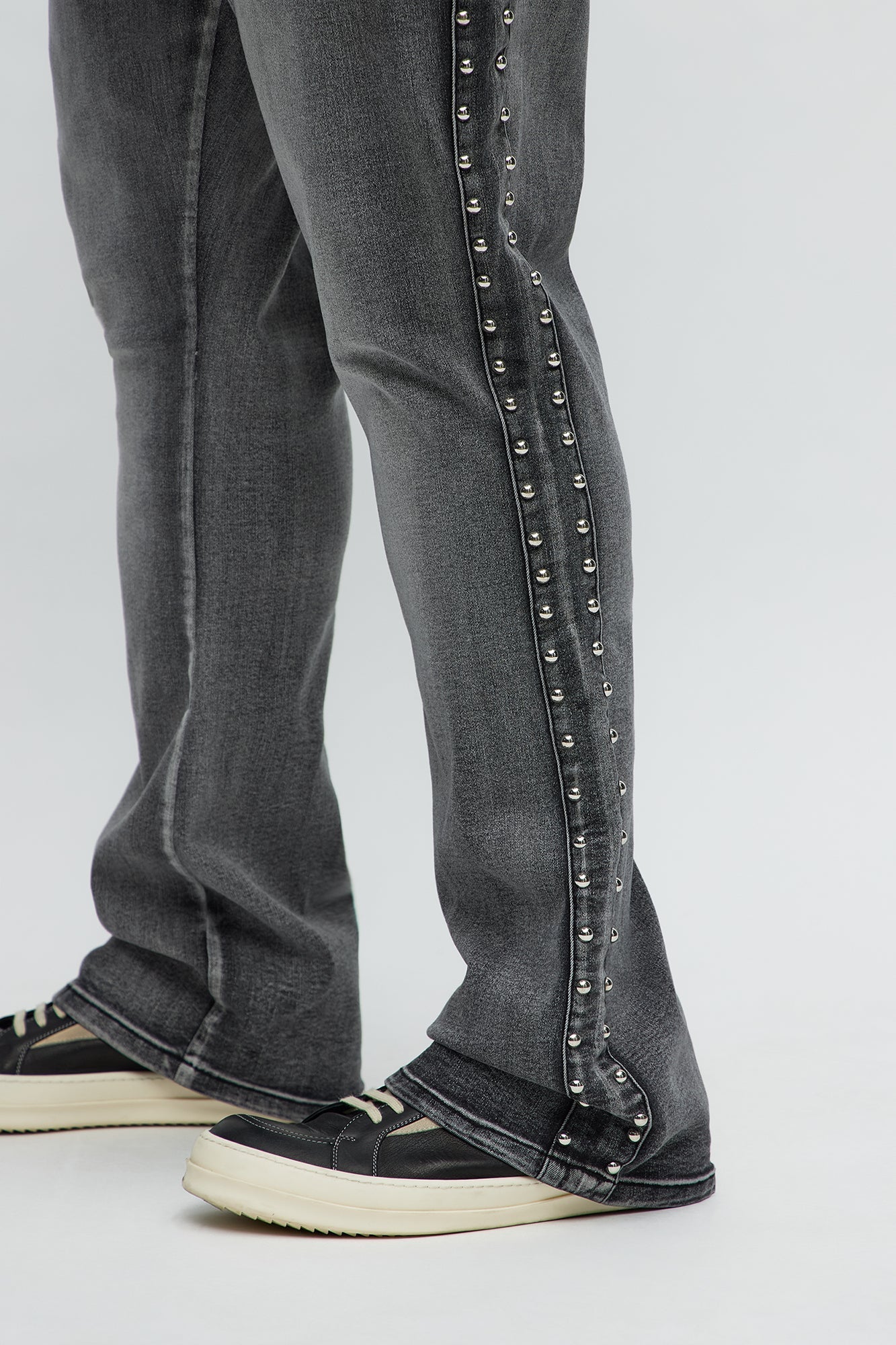 Stacked Slim Flare Stud On The Side Jeans - Black Wash Fashion Nova