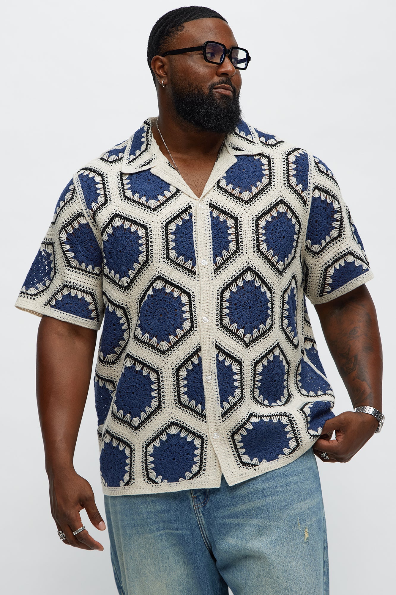 Vacay Vibes Crochet Button Up Shirt - Navy/combo Fashion Nova