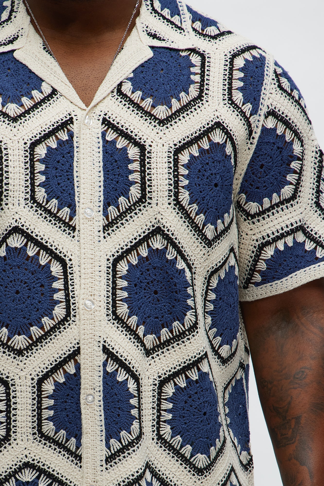 Vacay Vibes Crochet Button Up Shirt - Navy/combo Fashion Nova