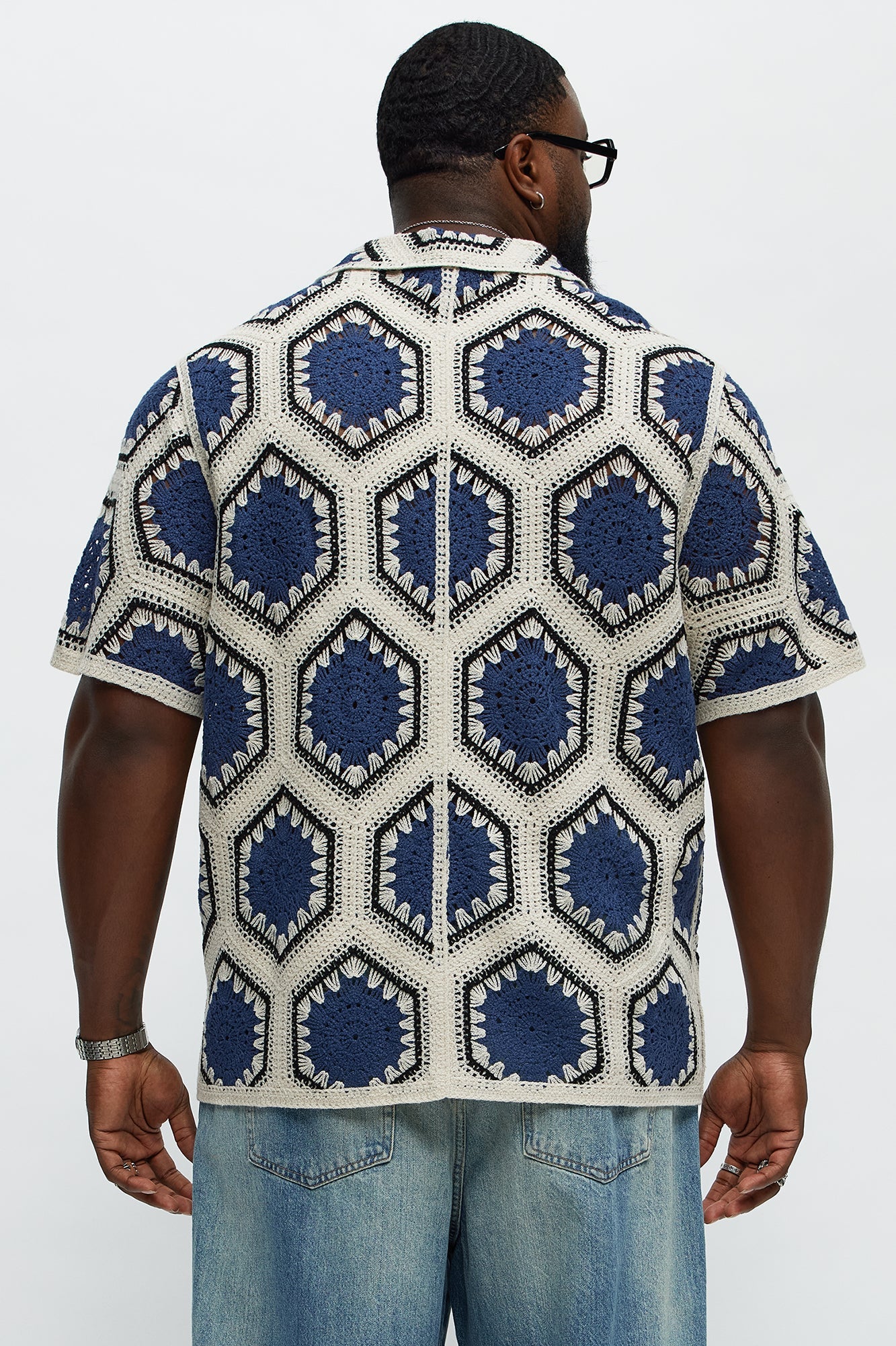 Vacay Vibes Crochet Button Up Shirt - Navy/combo Fashion Nova