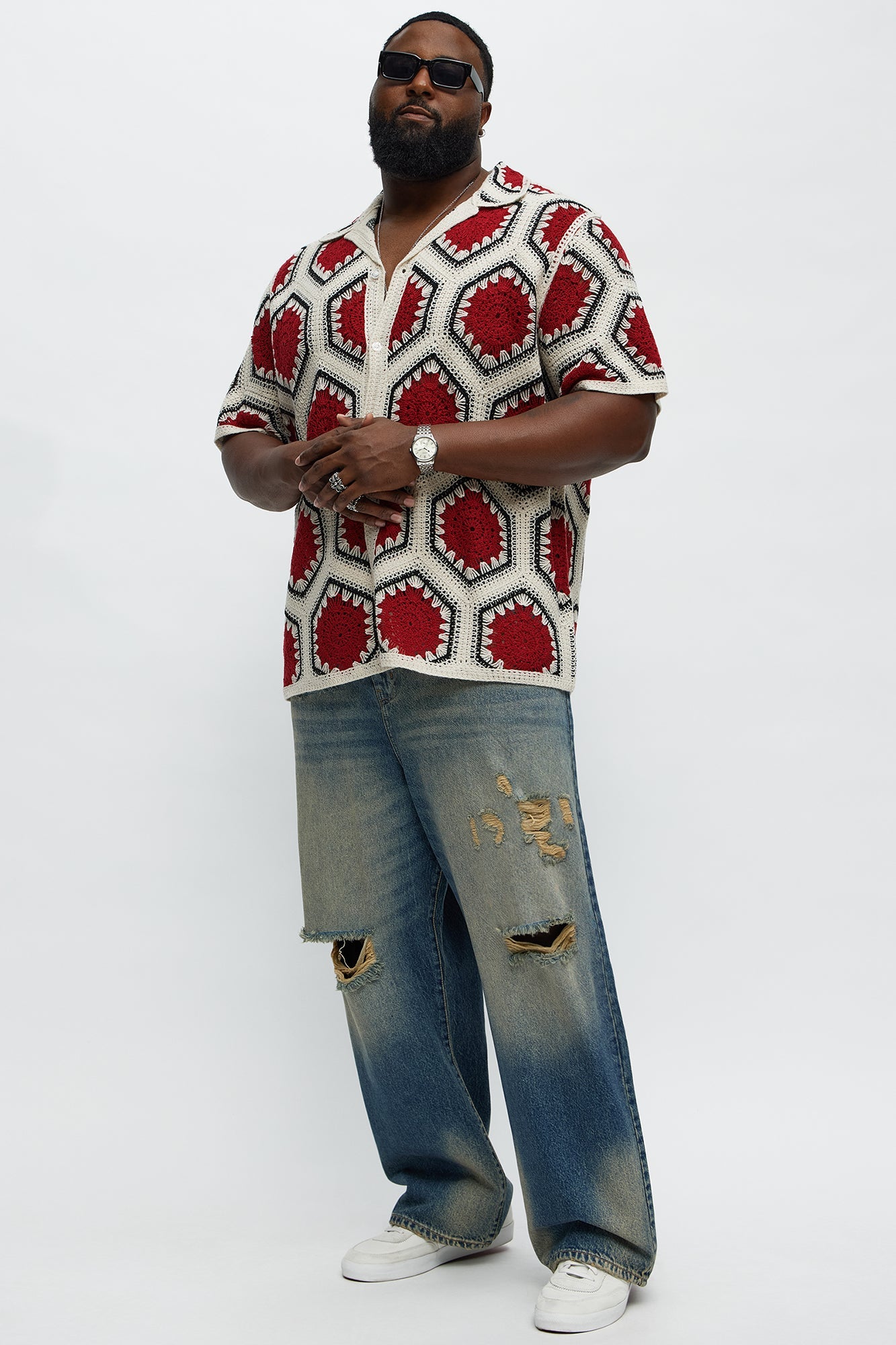 Vacay Vibes Crochet Button Up Shirt - Red/combo Fashion Nova