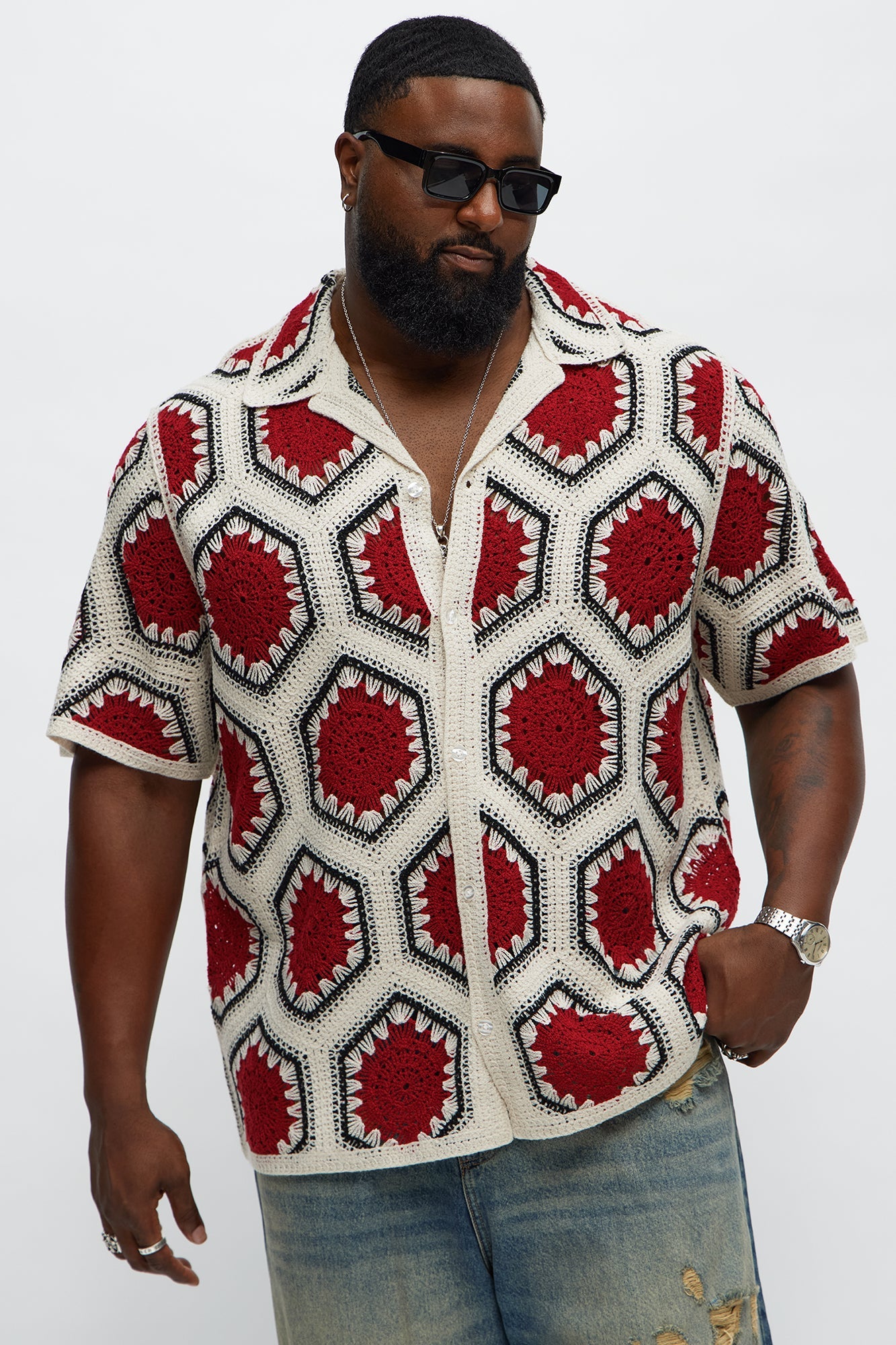 Vacay Vibes Crochet Button Up Shirt - Red/combo Fashion Nova