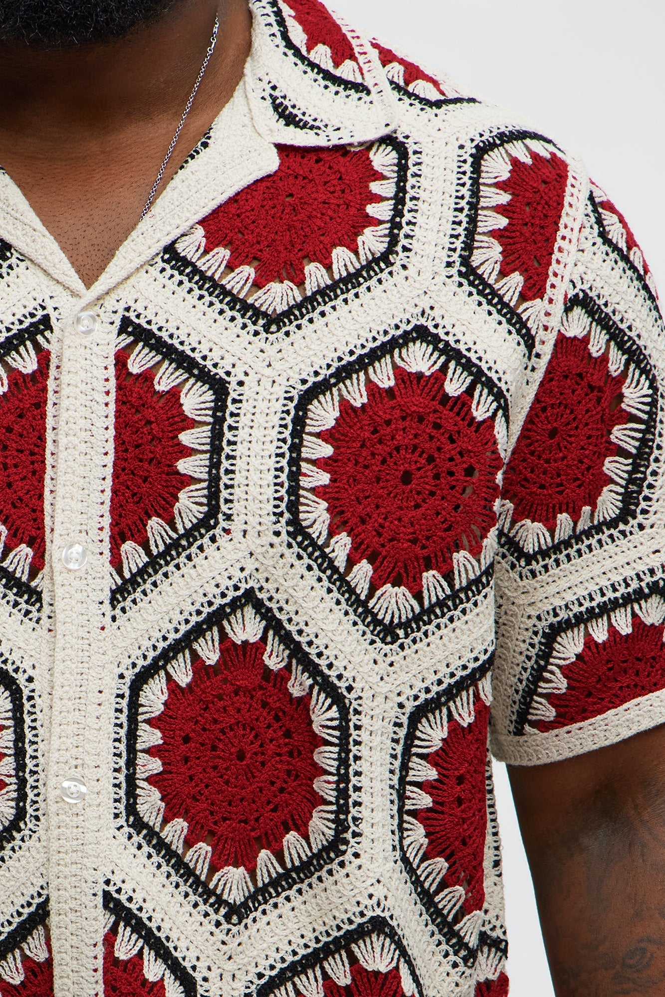 Vacay Vibes Crochet Button Up Shirt - Red/combo Fashion Nova