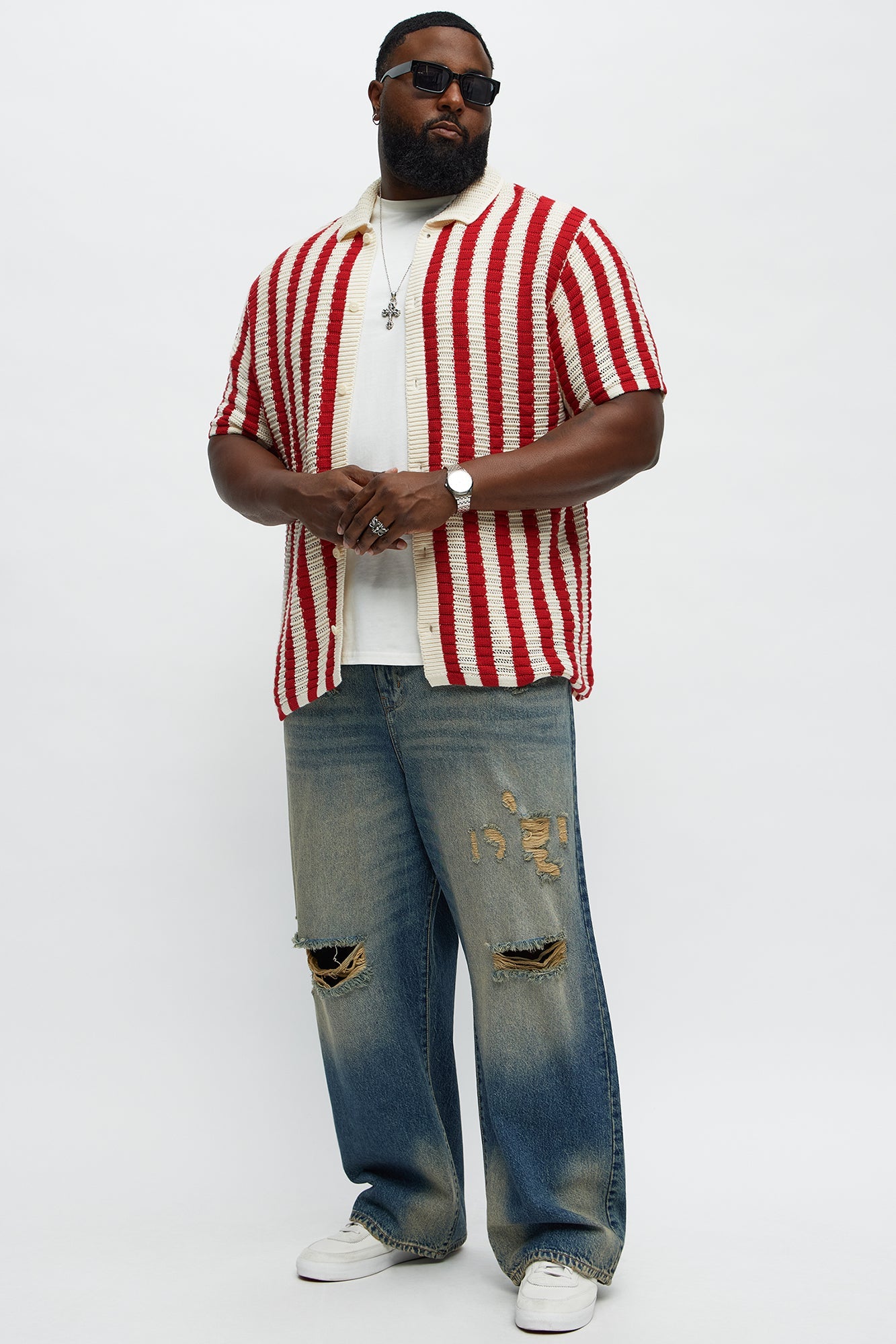 Clark Striped Knit Button up Shirt - Red/combo Fashion Nova
