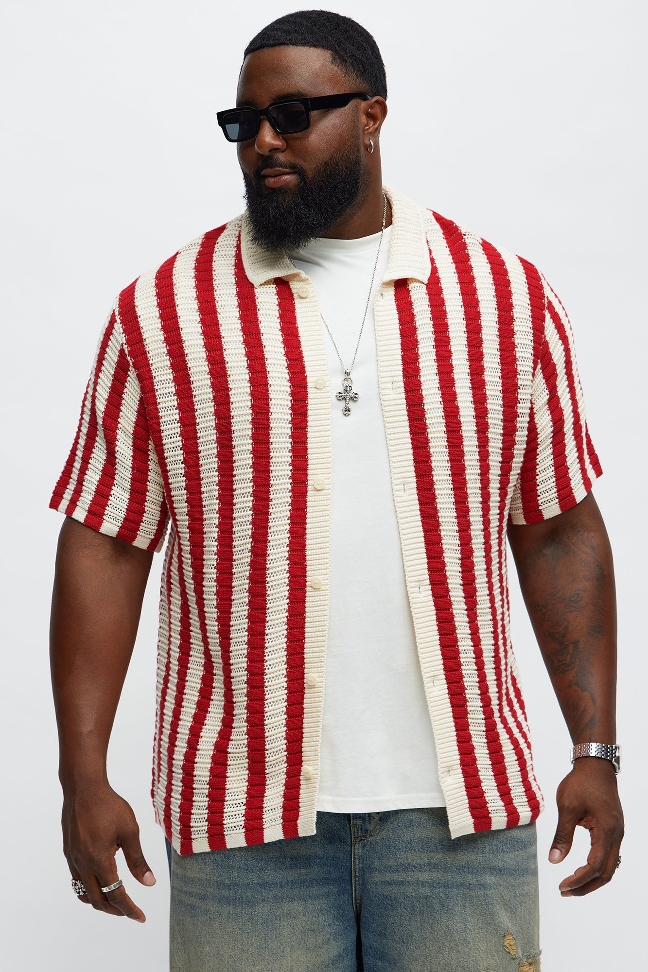 Clark Striped Knit Button up Shirt - Red/combo Fashion Nova